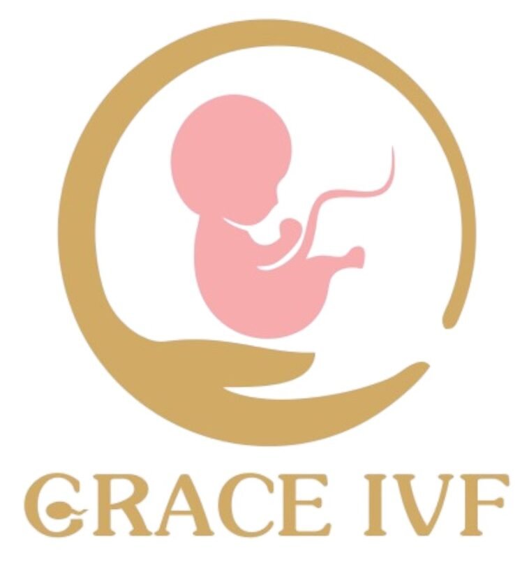 Logo of Grace IVF featuring a pink embryo figure cradled within a golden circular hand-like design.
