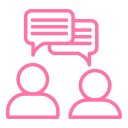 Pink outline icon of two people communicating with speech bubbles.