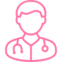 Pink outline icon of a doctor wearing a stethoscope around the neck.