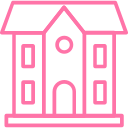 Pink outline icon of a house or building representing home or facility.