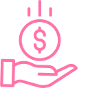 Pink outline icon of a hand holding a coin with a dollar symbol.