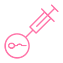 Pink outline icon showing a syringe connected to an egg with a sperm cell, representing IVF or fertility treatment.
