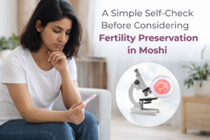 Woman thinking while holding a pregnancy test, representing a self-check before considering fertility preservation in Moshi.