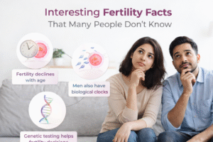 Couple thinking about fertility facts with illustrations of egg, sperm, and DNA representing reproductive health awareness.