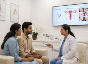 Doctor explaining fertility treatment options to a couple during male infertility consultation in Moshi