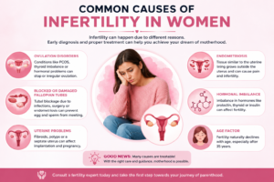Medical infographic showing common causes of infertility in women including PCOS, endometriosis, hormonal imbalance, blocked fallopian tubes, and age-related fertility decline