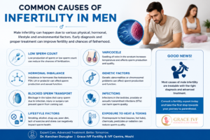 Medical infographic showing common causes of male infertility including low sperm count, varicocele, hormonal imbalance, infections, and lifestyle factors