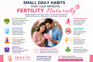Infographic showing small daily habits that can improve fertility naturally including healthy diet, exercise, hydration, stress management, and better sleep